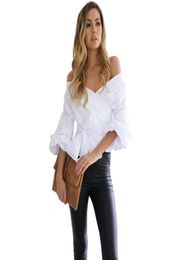 Сексуальная V Seck White Blouse Rubor Women Puffect Elice Summer Awumin Blounes Topes Sashes Tunic Women039S Blusas Streetwear Lady Shirt9627687