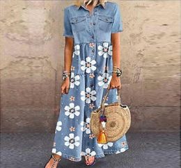 Summer Print Denim Dress Women 2021 Casual Button Up Pocket Blue Short Sleeve Maxi Dresses Plus Size Long Dresses Vestidos 5XL Q075451115