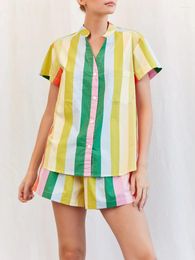 Home Clothing Women 2 Piece Pyjamas Set Stripe Print Short Sleeve Lapel Collar Button T-Shirt Wide Leg Shorts Co Ord Summer Sleepwear Outfit