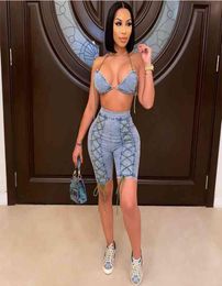 Denim Sexy Two Piece Sets Club Outfits for Women Festival Clothing Summer Co Ord Lace Up Jeans Shorts Set 2 Piece Matching Sets X01035677