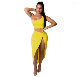 Work Dresses Summer Women Two Piece Set Sexy One Shoulder Sleeveless Crop Top And High Waist Side Slit Pleated Skirt Matching Lady