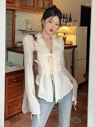 Women's Blouses Deeptown Fairycore Lace Up Blouse Women Long Sleeve Turn Down Collar Shirts Feminina Ladies Cropped Tops Korean Fashion Chic
