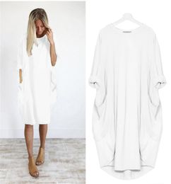 2020 Summer Solid Imitation Cotton Pure Dress Women Basic Loose Dress Pocket Long Sleeve Oversized Fat Sister Casual Dress4653275