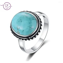 Cluster Rings Elegant Simple Oval Natural Turquoise For Women Girls S925 Sterling Silver Ring Fine Jewellery Engagement Party Gift