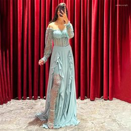 Party Dresses Nersesyan Green Transparent O Neck Gown Lace Beadings Long Puff Sleeves Evening Gowns Side Slit Appliques Prom