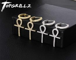 TOPGRILLZ Iced Zircon Ankh Earring Gold Silver Colour Micro Paved AAA Bling CZ Stone Earrings For Man Women Hip Hop Jewellery 2110097023742