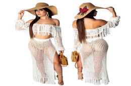 Tassels Two Piece Casual Dresses Knit Sets Women Long Sleeve 2 Piece Crop Top and Skirt Set Summer Crochet Dress Beach Wear2717305