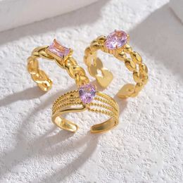 Band Rings Fashion Pink Geometric Zircon Ring for Women Gold Stainless Steel Adjustable R2024 Wedding Jewelry Anniversary Gift J240516