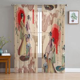 Curtain Japan Red Sun Geisha Woman Dragon Bamboo Sheer Curtains For Living Room Decoration Window Kitchen Tulle Voile