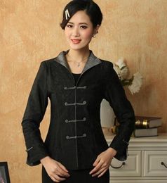 Women039s Jackets Women Silk Satin Jacket Black Traditional Chinese Style Blouse Embroidery Floral Outwear Slim Vintage Button 1065057