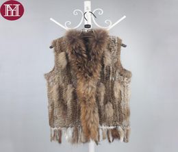 Winter women genuine rabbit fur vest knitted lady natural rabbit fur vests with real raccoon fur collar good quality CJ1912122192586