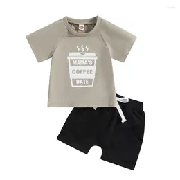 Clothing Sets Infant Boys Clothes Set Letter Coffee Print Crew Neck Short Sleeve T-Shirts And Solid Colour Shorts 2Pcs Suit