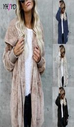 Faux Fur Coat Women Autumn Winter Warm Soft Long Jacket Outwear Plush Overcoat Pocket Buttonless Cardigan with hood 2111249056266