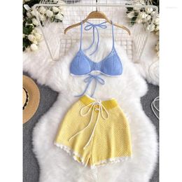 Women's Tracksuits Summer Shorts Sets Women Spice Girl Holiday Beach Bikini Knitted Crochet Halter Camisole With Sexy Two Piece