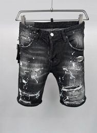 Men's Jeans 2024 Men Black Scratched Ripped Shorts Fashion Short D38-1#