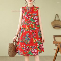 Ethnic Clothing 2024 Traditional Chinese Vintage Qipao Dress National Flower Print Cotton Linen Cheongsam Oriental Sleeveless A-line