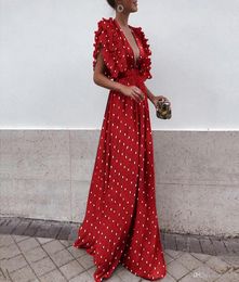 Dot Printed Pleat Cap Sleeves Long Women Party Evening Dresses 2019 New Sexy Deep v Neck A line Floor Length Fashion Women Casual 6941033