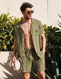 Summer Cotton Linen Shirt Set Mens Casual Outdoor 2Piece Suit Andhome Clothes Pajamas Comfy Breathable Beach Short Sleeve Sets 240511