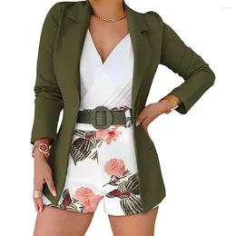 Women's Tracksuits 2 Pcs/Set Women Blazer Shorts Set Flower Print Solid Color Coat Long Sleeves High Waist Turn-down Collar Commute Cardigan