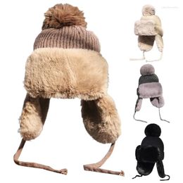 Berets Women Winter Knitted Pom Russian Trapper Hat Thick Plush Thermal Warm Outdoor Snow Ski Windproof Solid Colour Dropship