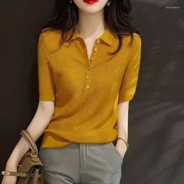 Women's Polos Woman T Shirt Knitted Polo Neck Women Button Plain Clothing Trend 2024 Offer Youthful Clothes Summer Sales