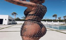 Women's Swimwear Women Bikini Cover-Up Set Shiny Pearl Rhines Mesh Two-Pieces Beach Wear Sleeveless Smock Crop Tops High Waist Skirt1368295