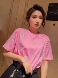 European Fashion Bead Bear Round Neck Short sleeved T-shirt for Womens Summer Western Style Sweet Casual Flower Top 240517