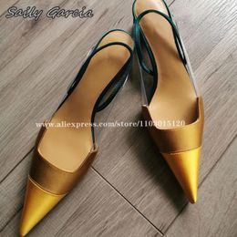 Dress Shoes Mixed Colour Silk Back Strap Shallow Mid Heel Sandals 2024 Summer All-Match Party Pointed Toe Sexy Cap