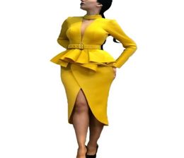 Women Slim Dress with Waist Belt Peplum Split Long Sleeves Office Lady Fashion Wear Elegant Fake Two Pieces Sets Classy Clothes2001256