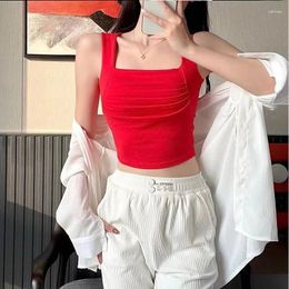 Women's Tanks Summer Slim Solid Sexy Tank Top Red Fold Corset Crop Square Neck Backless Camis Tops Coquette Gyaru Y2k Clothes