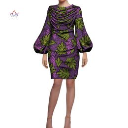 BintaRealWax African Dresses for Women Long Puff Sleeves Short Dress with Rope Weaving African Print Wax Clothing YF153