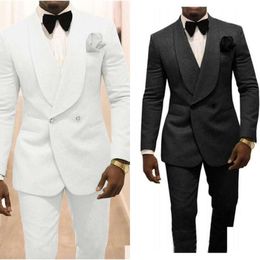 Groom Lapel Shawl Tuxedos Men White Suits Blazer 2 Piece Dobby Prom Party Dinner Jacket Attire Custom Madejacketaddpantsaddbow Drop D Dhbyf hbyf