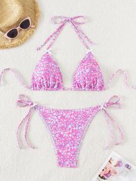 Women's Swimwear Sexy Pink Floral Print Bikini Set 2024 Women Push Up Bra Butterfly Tie Side Thong Swimsuit Brazilian Bathing Suit Micro