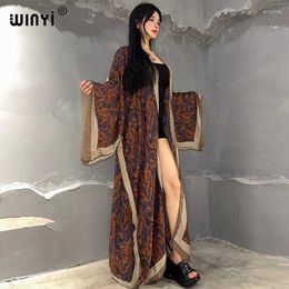 Kimono Bikini Cover-up Elegant Beach Outfit For Women Classic Cashew Print Cotton Feeling Vestidos Para Mujer Dress Kaftan