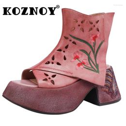 Boots Koznoy 8cm Women Peep Toe Genuine Leather Ankle Booties Hollow Moccasins Embroider Mary Jane Platform Wedge Sandals Summer Shoes