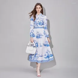 Casual Dresses Women Vintage Printing Blue Midi Dress Spring Autumn Runway Long Sleeve Elegant Single Breasted Birthday Party Robes Vestidos