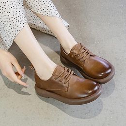 Casual Shoes Spring Style Cowhide For Women Rubber Soft Sole Lace-up Leather Genuine Retro Flat 35-40