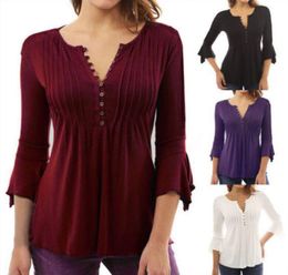 Fashion Women Loose 34 Sleeve Tops Blouse Shirts Casual Cotton Summer Blouses Shirt Tops Solid Colour Purple Wine Red1618728