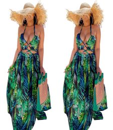 Green Leaves Printing Women Holidays Dresses Sexy Halter Neck Backless Hollow Out A line Party Gowns Real Image Summer Beach Dress2430203