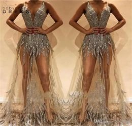 New Arrival Illusion Long Prom Dresses Deep VNeck Beads Sequined Party Gowns See Through Chic Evening Dress Custom Made Robe de s4517752