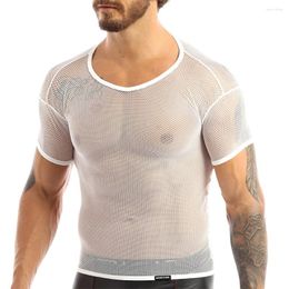 Men's Tank Tops Men Sexy Mesh T-shirts See Through Man Short Sleeve Tee Transparent Fishnet Pullover Top 2024 Nightclub Wear Streetwear