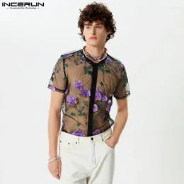 Men's Casual Shirts INCERUN Tops 2024 American Style Stylish Mens Rose Jacquard See-through Sexy Thin Short Sleeved Blouse S-5XL