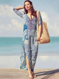 Blue V-neck Printed Women's Kaftan Oversized Beach Cover Up Saida De Banho Para Praia Sarong Robe Plage #Q652