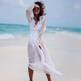 Casual Dresses Sexy White Chiffon Beach Bikini Cover Women Holiday Transparent Summer Party Long Sleeve Thin Wear Boho
