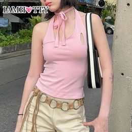 Women's Tanks IAMTY Korean Style Cut Out Tie-up Tank Top Women Chic Elegant Slim-fitting Sleeveless Tops Coquette Aesthetic Camisole Y2K