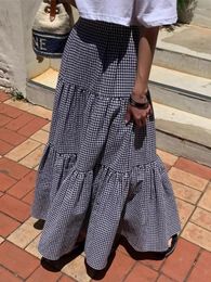 Skirts Gagarich 2024 Fashion Korean Chic Summer Retro Versatile High Waisted Slim Patchwork Design Plaid A-line Long Women Skirt