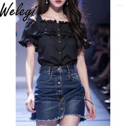 Women's Blouses Super Cute Black Short Sleeve Shirts French Fashion Womens Beautiful Polo Collar Top 2024 Summer Unique Loose Blouse