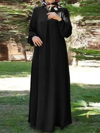 Ethnic Clothing Abaya Muslim Women Solid Color Robe Long Sleeved Loose Round Neck Dress Vintage Kaftan One Piece Set Gown 2024