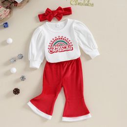 Clothing Sets Infant Baby Girls Christmas Outfits Letter Print Ribbed Long Sleeves Romper And Flared Pants Headband Fall Clothes