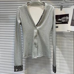Women's Jackets PREPOMP 2024 Summer Collection Long Sleeve Sequins Patchwork V Neck Light Grey Sunscreen Slim Short Coat Women GP741